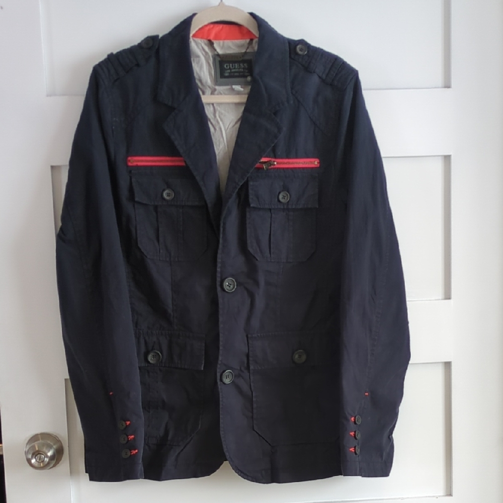 GUESS Men's Dark Blue Jacket with Red Details